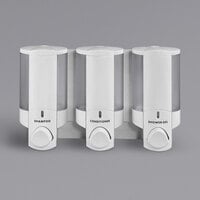 Dispenser Amenities 36350 Aviva 30 oz. White 3-Chamber Wall Mounted Locking Soap Dispenser with Translucent Bottles