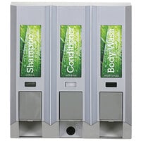 Dispenser Amenities 91334 Azaya 43.5 oz. Satin Silver 3-Chamber Wall Mounted Locking Shower Dispenser with Chrome Buttons