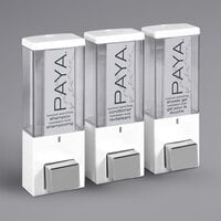 Dispenser Amenities 86354-PAYA iQon 39 oz. White Wall Mounted 3-Chamber Locking Shower Dispenser with Translucent Bottles and Paya Logo
