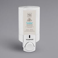 Dispenser Amenities 37150-SPBX Aviva 10 oz. Solid White Wall Mounted Locking Shower Dispenser with Bottle and Soapbox Logo