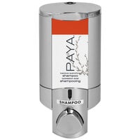Dispenser Amenities 37144-PAYA Aviva 10 oz. Chrome Wall Mounted Locking Shower Dispenser with Satin Silver Bottle and Paya Logo