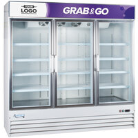 Avantco GDC-69-HC 78 1/4 inch White Swing Glass Door Merchandiser Refrigerator with LED Lighting and Customizable Panel