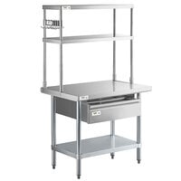 Regency 24 inch x 36 inch 18-Gauge 304 Stainless Steel Commercial Work Table with Undershelf, 12 inch Overshelf, Drawer, and Pot Rack