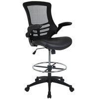 Flash Furniture BL-X-5M-D-BK-LEA-GG Mid-Back Black Mesh Drafting Stool with Flip-Up Arms and Leather Seat