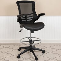 Flash Furniture BL-X-5M-D-BK-LEA-GG Mid-Back Black Mesh Drafting Stool with Flip-Up Arms and Leather Seat