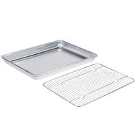 Choice Quarter Size 19 Gauge 9 1/2" x 13" Wire in Rim Aluminum Sheet Pan with Footed Cooling Rack