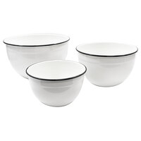 Tablecraft H80002 Enamelware Collection 3-Piece Black and White Rolled Rim Enamel-Coated Steel Mixing Bowl Set - 3/Set