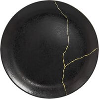 RAK Porcelain KZNNPR29G2 Kintzoo 11 3/8" Black Round Flat Coupe Porcelain Plate with Gold Detail - 12/Case