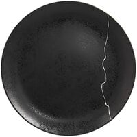 RAK Porcelain KZNNPR29S1 Kintzoo 11 3/8" Black Round Flat Coupe Porcelain Plate with Silver Detail - 12/Case