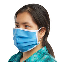 Mercer Culinary M69011LB Customizable Light Blue Reusable Non-Woven Polypropylene Pleated Protective Face Mask - 8 3/4 inch x 3 3/8 inch