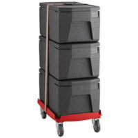 Cambro Cam GoBox® Insulated EPP Pan Carrier Kit with (3) 8" Deep Large Handle Top Loaders, Hot Red Compact Camdolly®, and Utility Strap