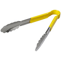 Carlisle 60756004 9 1/2 inch Stainless Steel Scalloped Tongs with Yellow Dura-Kool Handle