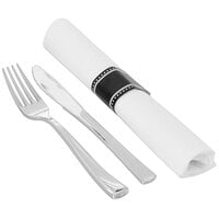 Fineline 720 17 1/2 inch x 15 1/2 inch Pre-Rolled White Napkin and Silver Heavy Weight Plastic Fork and Knife Set - 100/Case