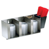 San Jamar L1014 Stainless Steel 3 Stack Horizontal Countertop Lid Organizer with Straw Caddy