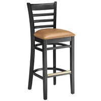 Lancaster Table & Seating Black Ladder Back Bar Height Chair with Light Brown Padded Seat