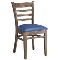 Lancaster Table & Seating Vintage Finish Wood Ladder Back Chair with Navy Vinyl Seat