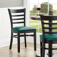 Lancaster Table & Seating Black Finish Wooden Ladder Back Chair with 2 1/2 inch Green Padded Seat - Detached Seat