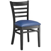 Lancaster Table & Seating Black Finish Wooden Ladder Back Chair with 2 1/2 inch Navy Padded Seat - Detached Seat