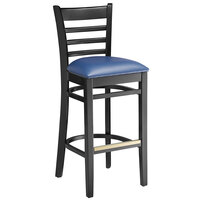 Lancaster Table & Seating Black Ladder Back Bar Height Chair with Navy Padded Seat - Detached Seat