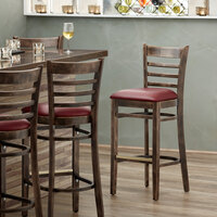 Lancaster Table & Seating Vintage Ladder Back Bar Height Chair with Burgundy Padded Seat - Detached Seat