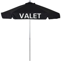 California Umbrella ALUS758C002-F32-VALET-LOGO-VA 7 1/2 inch Black Round Push Lift Umbrella with 1 1/2 inch Silver Aluminum Pole and Valet Logo - Olefin Canopy