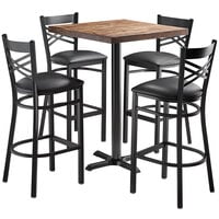 Lancaster Table & Seating 30" Square Bar Height Recycled Wood Butcher Block Table with 4 Black Cross Back Chairs - Vintage