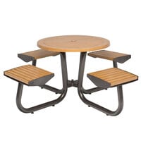 Wabash Valley CAD422C Camden 36 inch Round Portable / Surface-Mount Powder Coated Aluminum Faux Wood Outdoor Umbrella Table with 4 Attached Seats