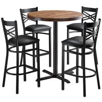 Lancaster Table & Seating 36" Round Bar Height Recycled Wood Butcher Block Table with 4 Black Cross Back Chairs - Vintage