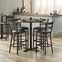 Lancaster Table & Seating 36 inch Round Bar Height Recycled Wood Butcher Block Table with 4 Black Cross Back Chairs - Vintage