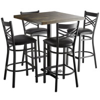 Lancaster Table & Seating 36 inch Square Bar Height Recycled Wood Butcher Block Table with 4 Cross Back Chairs - Espresso