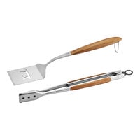 Outset® QJ40 Stainless Steel Turner and Tongs Set with Acacia Wood Handles