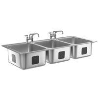 Waterloo 16 inch x 20 inch x 12 inch 18 Gauge Stainless Steel Three Compartment Drop-In Sink with 12 inch Swing Faucet