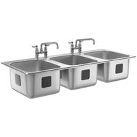 Waterloo 14 inch x 16 inch x 10 inch 18 Gauge Stainless Steel Three Compartment Drop-In Sink with (2) 10 inch Swing Faucets