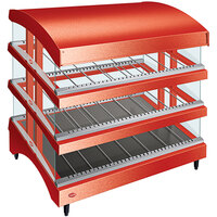 Hatco GR3SDS-33TCT Red Glo-Ray 33 inch Slanted Triple Shelf Heated Glass Merchandising Warmer with Curved Top - 120/208-240V, 2723W