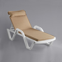 Lancaster Table & Seating White Stacking Adjustable Resin Chaise with Beige Cushion and Pillow
