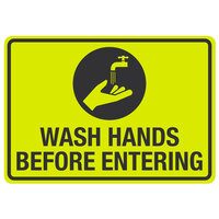 "Wash Hands Before Entering" Engineer-Grade Reflective Black / Yellow Aluminum Sign with Symbol - 10" x 7"