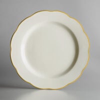 10 3/4" Ivory (American White) Scalloped Edge China Plate with Gold Band - 12/Case