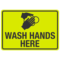 "Wash Hands Here" Engineer-Grade Reflective Black / Yellow Aluminum Sign with Symbol - 14" x 10"