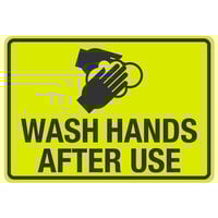 "Wash Hands After Use" Engineer-Grade Reflective Black / Yellow Aluminum Sign with Symbol - 10" x 7"