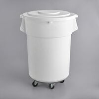 55 Gallon / 880 Cup White Round Mobile Ingredient Storage Bin with White Snap-On Lid and Gray Dolly