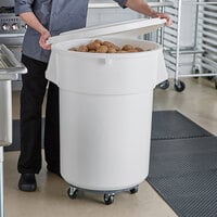 55 Gallon / 880 Cup White Round Mobile Ingredient Storage Bin with White Snap-On Lid and Gray Dolly