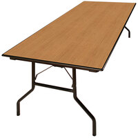 Resilient 24 inch x 96 inch Folding Seminar Table with High-Pressure Laminate Top and Wishbone Legs - Solar Oak