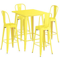 Lancaster Table & Seating Alloy Series 32 inch x 32 inch Yellow Outdoor Bar Height Table with 4 Metal Cafe Bar Stools