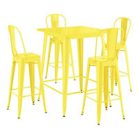 Lancaster Table & Seating Alloy Series 31 1/2" x 31 1/2" Yellow Bar Height Outdoor Table with 4 Cafe Barstools