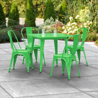 Lancaster Table & Seating Alloy Series 32 inch x 32 inch Green Dining Height Outdoor Table with 4 Industrial Cafe Chairs