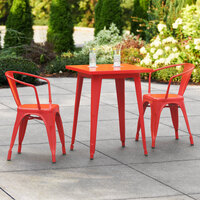Lancaster Table & Seating Alloy Series 24 inch x 24 inch Red Dining Height Outdoor Table with 2 Arm Chairs