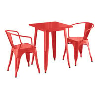 Lancaster Table & Seating Alloy Series 23 1/2" x 23 1/2" Ruby Red Standard Height Outdoor Table with 2 Arm Chairs