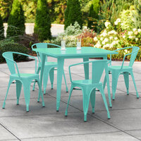 Lancaster Table & Seating Alloy Series 36 inch x 36 inch Seafoam Dining Height Outdoor Table with 4 Arm Chairs