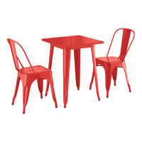 Lancaster Table & Seating Alloy Series 23 1/2" x 23 1/2" Ruby Red Standard Height Outdoor Table with 2 Cafe Chairs