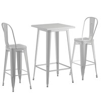 Lancaster Table & Seating Alloy Series 24 inch x 24 inch Silver Outdoor Bar Height Table with 2 Metal Cafe Bar Stools